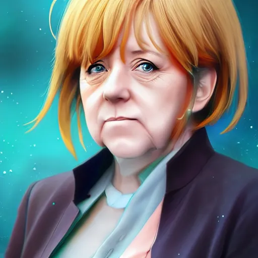 Image similar to anime portrait of Angela Merkel as an anime girl by Stanley Artgerm Lau, WLOP, Rossdraws, James Jean, Andrei Riabovitchev, Marc Simonetti, and Sakimichan, trending on artstation