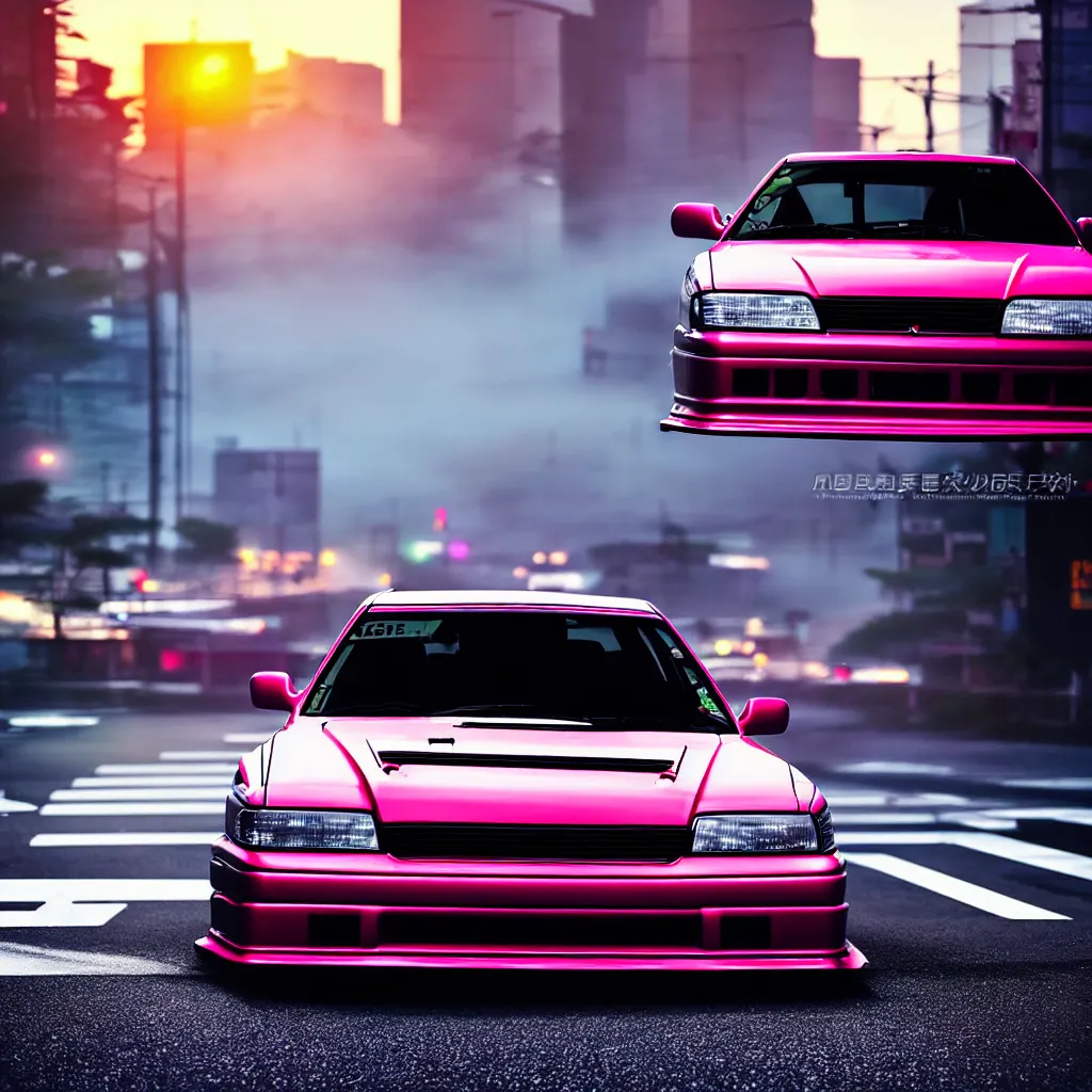 Prompt: a single car JZX100 twin turbo drift in the road, Tokyo prefecture, Japanese architecture, city sunset mist lights, cinematic lighting, photorealistic, detailed alloy wheels, highly detailed