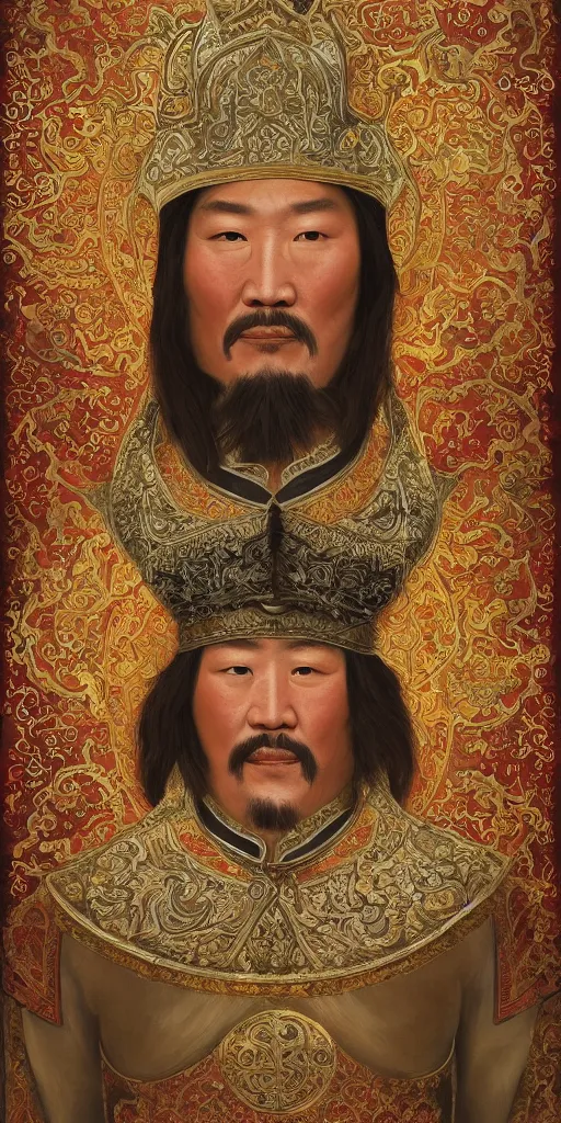 Image similar to a stunning and noble highly detailed romantic period style portrait of Genghis Khan by Josep Tapiró Baró, trending on artstation, oil painting masterpiece, symmetry, fractals, Mongolian iconography