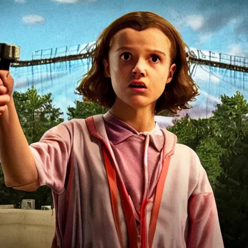 Image similar to Eleven from Stranger Things using her powers on the Statue of Liberty HD hyper detailed photorealistic