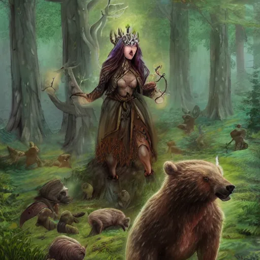 Image similar to elven druid summoning bears in the forest, d & d inspired, trending on artstation, ultra fine detailed, hyper detailed, hd, concept art, digital painting