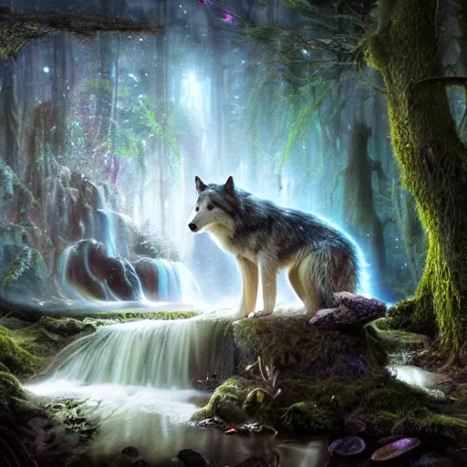 Image similar to tom bagshaw, beautiful full wolf, mythical cosmic shrine, soft painting render curiosities carnival pond river vegetation rocks bugs wildlife mushrooms covered moss bioluminescent wisps, beautiful stunning waterfall, accurate features, focus, very intricate ultrafine details, random volumetric lighting, fog, award winning masterpiece, octane render 8 k hd, artstation