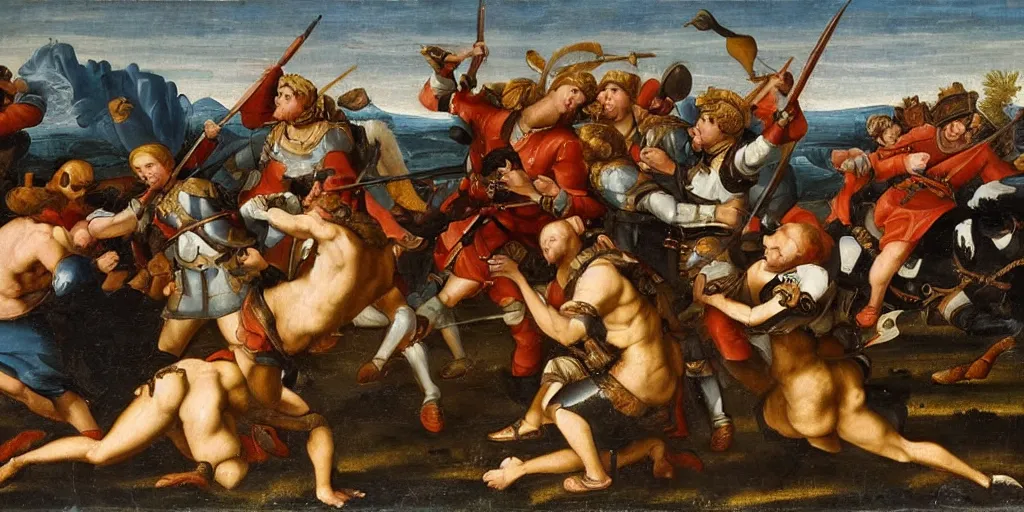 Prompt: renaissance-style painting of soldiers riding orcas on a battlefield in Italy, very dramatic atmosphere