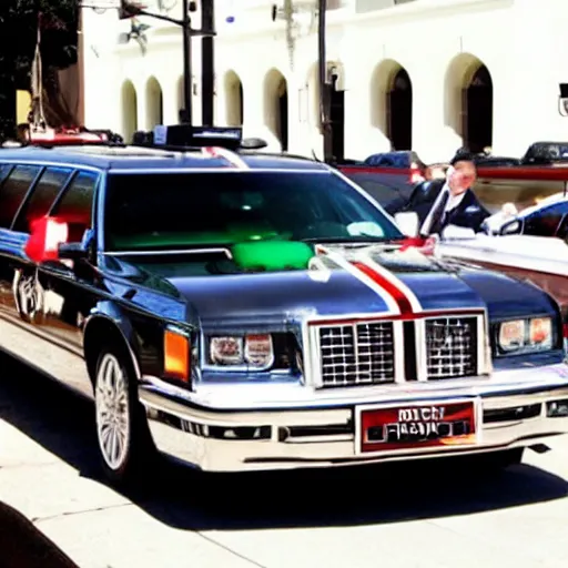 Image similar to barack obama on pimp my ride sitting in his newly upgraded presidential limo complete with a playstation 2, and a minibar. there are also neon lights in the interior.