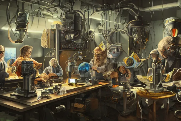Prompt: a beautiful highly detailed masterpiece photograph of wizards performing cutting edge prompt engineering in a scientific laboratory, trending on artstation