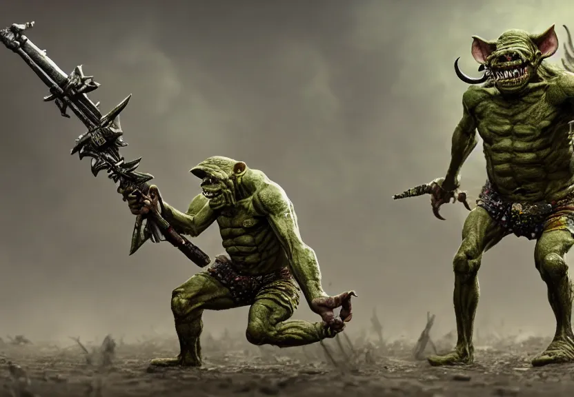 Prompt: a beautiful illustration of a hyper realistic render of a single warhammer goblin solo posing victorious full body centered in a war zone in the style of stephen bliss