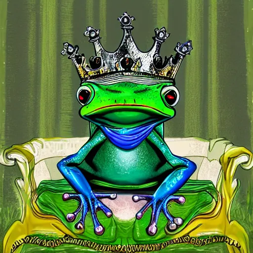 Image similar to a photorealistic frog king sitting on a throne, surrounded by frog servants next on the side of the pond, digital art