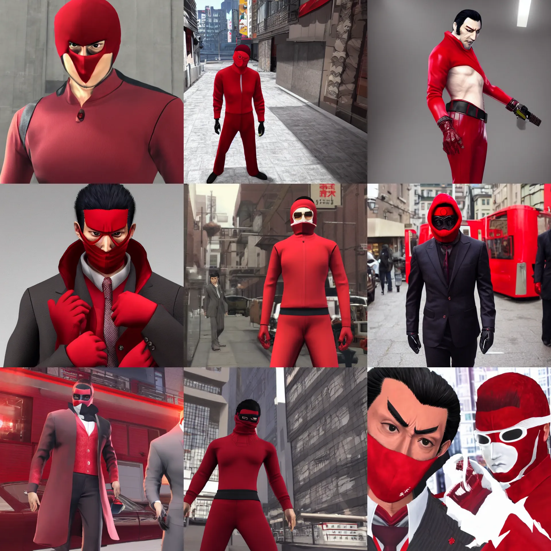 Prompt: kazuma kiryu wearing a red balaclava and spy costume