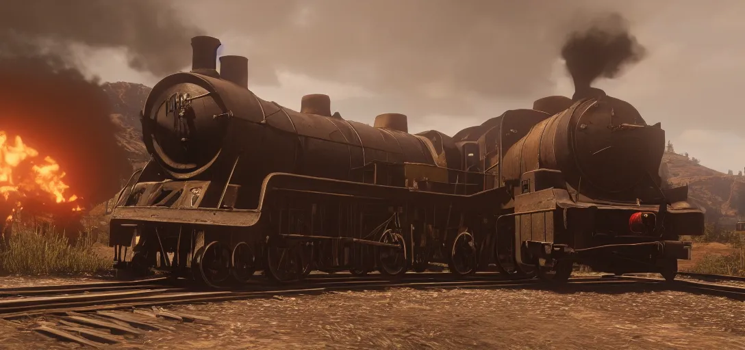 Image similar to A train in red dead redemption 2, screenshot, high quality image, widescreen, 8k, octane render