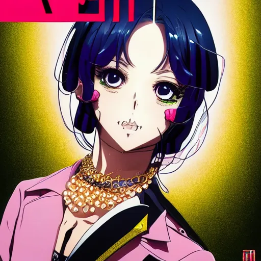 Image similar to Magazine Cover Anime key visual of a Gucci girl; official media; typography; drawn by Hirohiko Araki; Jojo's Bizarre Adventure; Jojolion, portrait, made by Stanley Artgerm Lau, WLOP, Rossdraws, James Jean, Andrei Riabovitchev, Marc Simonetti, Yoshitaka Amano, ArtStation