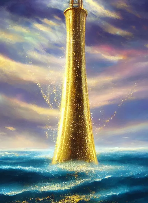 Prompt: a delicate sparkling gold fantasy tower splashes upwards from a turbulent ocean, dramatic lighting, rich colors, sunlight shimmering off the tower and the water and the spray, beautiful oil painting trending on artstation