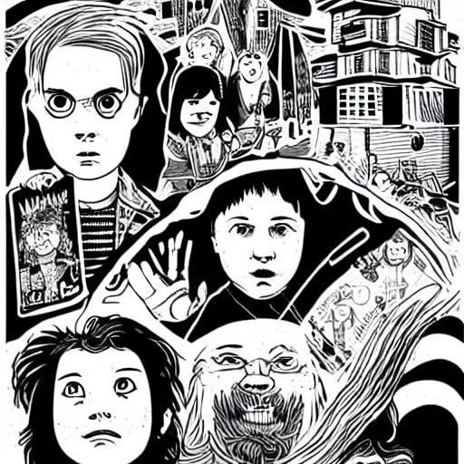 Image similar to mcbess illustration of strangers things kids