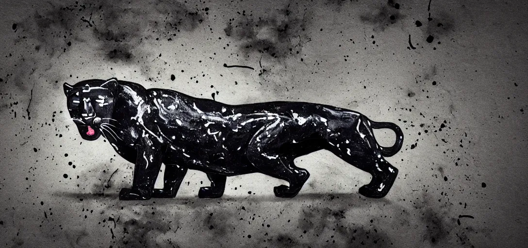 Image similar to a panther, made of tar, sticky, full of tar, covered with tar, dripping tar, dripping tar, splattered tar, sticky tar. concept art, reflections, black goo, animal drawing, desktop background, in the suburban backyard