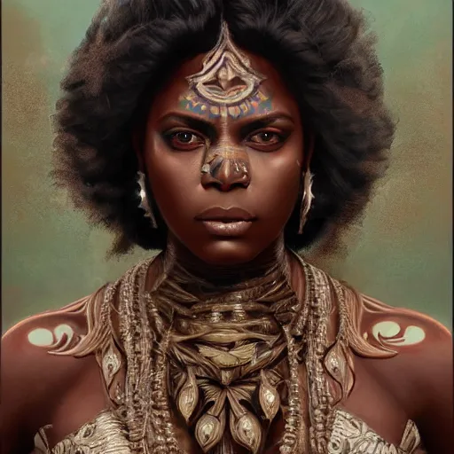 Image similar to full body painting of a black muscular south indian woman, ultra realistic, concept art, intricate details, eerie, horror, highly detailed, photorealistic, octane render, 8 k, unreal engine. art by artgerm and greg rutkowski and alphonse mucha