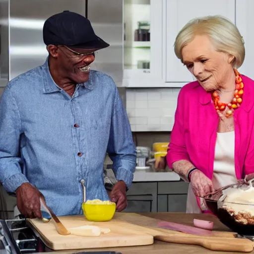 Prompt: Samuel L Jackson and Mary Berry cooking together