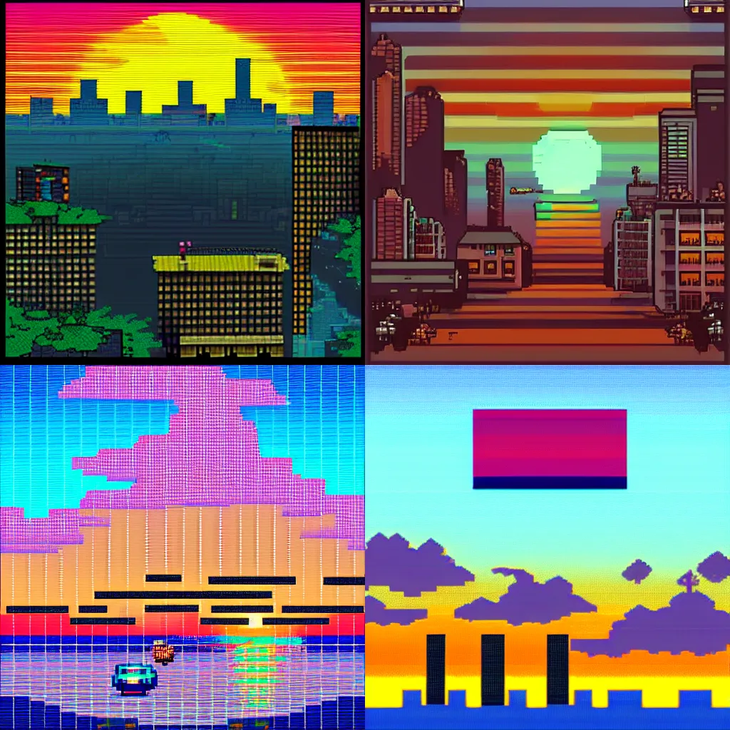 Prompt: pixelart city sunset, #pixelart, vaporware,