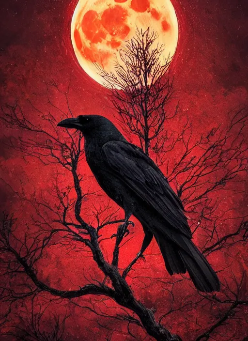 Prompt: red and golden color details, portrait, A crow with red eyes in front of the full big moon, book cover, red tree, red white black colors, establishing shot, extremly high detail, foto realistic, cinematic lighting, by Yoshitaka Amano, Ruan Jia, Kentaro Miura, Artgerm, post processed, concept art, artstation, raphael lacoste, alex ross, portrait, A crow with red eyes in front of the full big moon, book cover, red roses, red white black colors, establishing shot, extremly high detail, photo-realistic, cinematic lighting, by Yoshitaka Amano, Ruan Jia, Kentaro Miura, Artgerm, post processed, concept art, artstation, raphael lacoste, alex ross