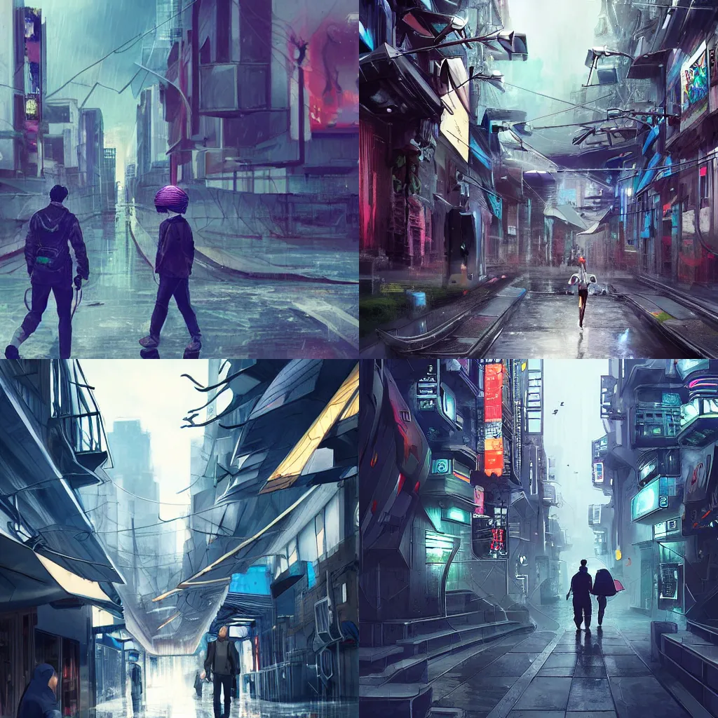 Prompt: walking through an ominous asian scifi city after rain, hoverbike and figure on the side, digital art, trending on artstation