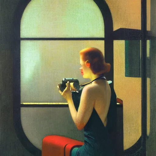 Image similar to retrofuturistic 1 9 3 0 s detailed oil painting of a woman in a window, cyberdeco cloisters, electronic billboards, tech noir, wet reflections, atmospheric, ambient, wlop, livia prima, george tooker, greg rutkowski, gil elvgren, grant wood, alexis flower, hopper, mucha, whistler, norman rockwell, peter max