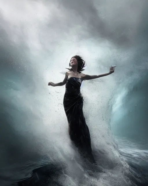 Prompt: olivia swirling into a water tornado that turns into a dress, half body portrait, 3 d animation, black hair, freckles, pale skin, photo by greg rutkowski, female beauty, intricate detail, elegance, sharp shapes, soft lighting, masterpiece