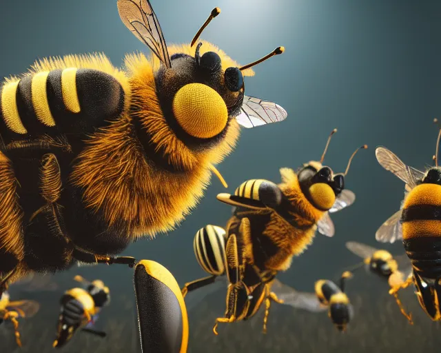 Image similar to anthro bee group video conference of anthro bees, photorealistic, octane render, rtx, hdr, unreal engine, digital art widescreen 8 k