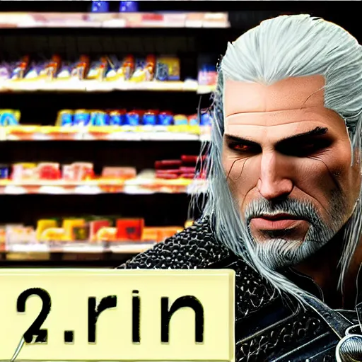 Prompt: geralt the witcher, in supermarket, hyper realistic