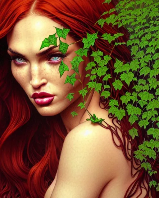 Image similar to closeup portrait of poison ivy megan fox, beautiful succubus, intricate, flowers, hyperrealism, intense, dmt, artgerm, moebius, glamour pose, arney freytag, greg rutkowski, maxfield parrish, dan mumford, moebius, alphonse mucha