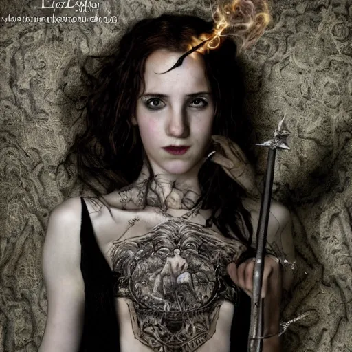 Prompt: Hermione in tattoos conjuring with a magic wand, by luis royo, dressed beautiful gown, beautiful eyes, Beautiful face, by Aggi Erguna, high detail, high resolution, art from harry potter, by David Lazar and Annie Leibovitz 500px photos, top cinematic lighting , cinematic mood, very detailed, shot in canon 50mm f/1.2