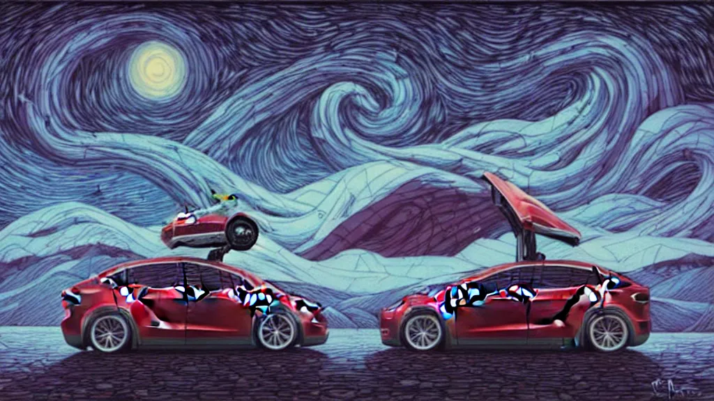 Image similar to a tesla model x by cyril rolando and naomi okubo and dan mumford and ricardo bofill. lovecraft. lovecraftian. starry night swirly sky.