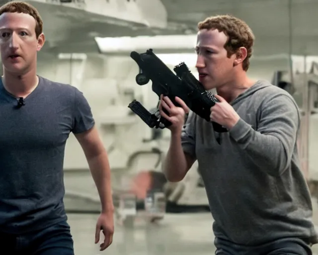 Image similar to mark zuckerberg plays terminator in scene where his endoskelet gets exposet, action film scene