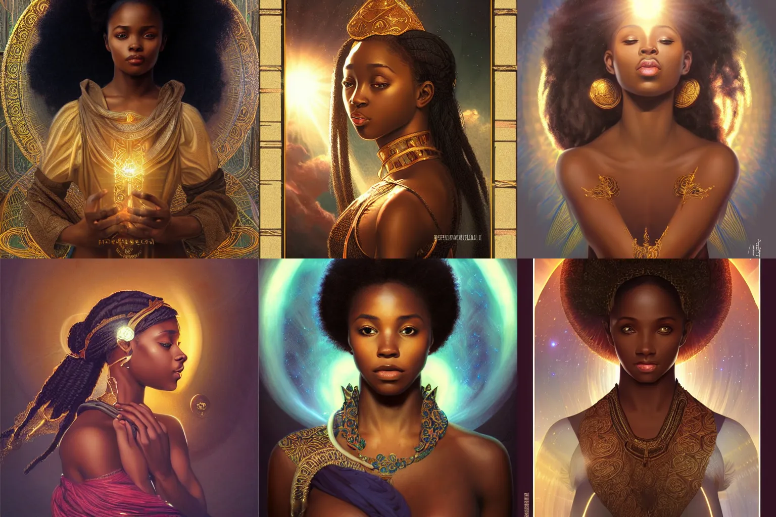 Prompt: young black african princess, warm volumetric lighting, cosmic, symmetric, highly detailed, elegant, concept art, heavenly, god rays, intricate, sharp focus, illustration, alexandros pyromallis, bouguereau, rutkowski, artgerm, alphonse mucha