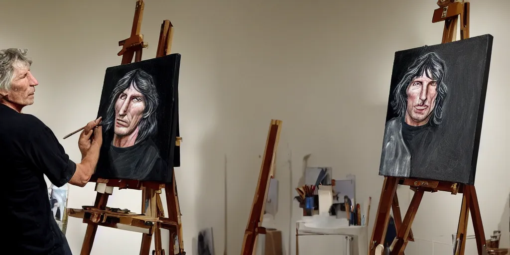 Image similar to pink floyd's roger waters, stands at his easel, painting a self portrait