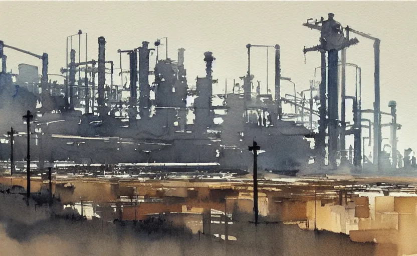 Image similar to concept art of a industrial complex landscape, pinterest, artstation trending, behance, watercolor, by coby whitmore, silver, laser light,