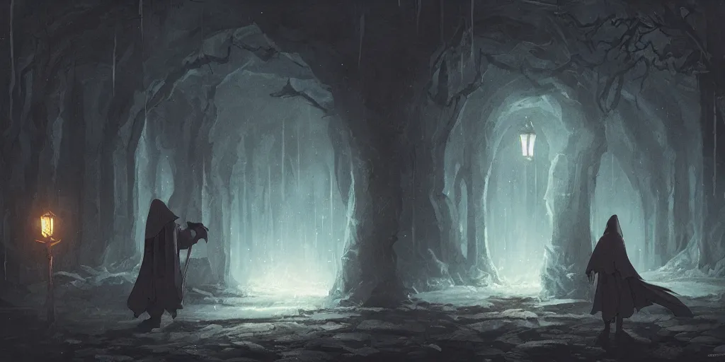 Image similar to a hooded glowing wizard approaches a mysterious abandoned tavern on a moonlit night, dark fantasy, Greg Rutkowski and Studio Ghibli