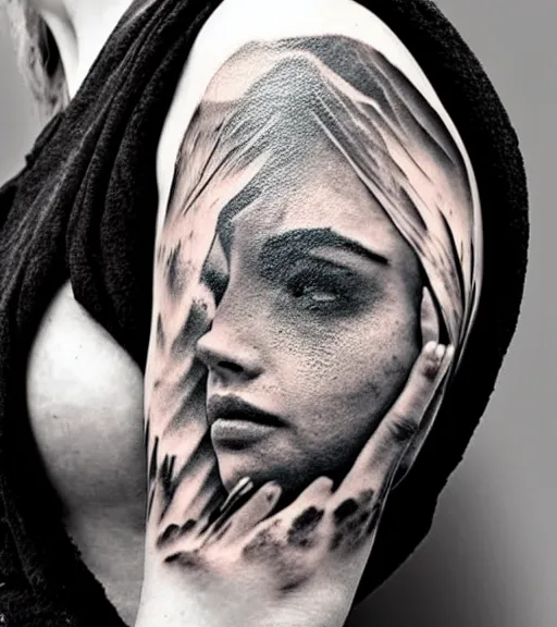 Image similar to double exposure of a beautiful mountain scenery with a beautiful woman face, tattoo design sketch, in the style of matteo pasqualin, hyper - realistic, amazing detail, black and white