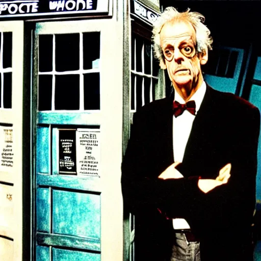 Image similar to christopher lloyd as doctor who in front of tardis, directed by steven spielberg, 1 9 9 4