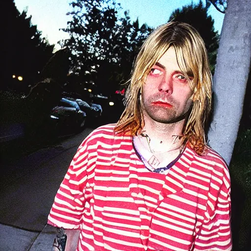 Image similar to this is me as kurt cobain, a photograph from 1 9 9 0 taken at sunset plaza, hollywood, on halloween