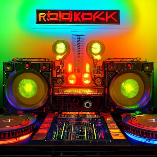 Image similar to album art, name is roborock, 3 steampunk futuristic robots on a dj desk with a cd mixer, 8 k, flourescent colors, halluzinogenic, multicolored, exaggerated detailed, front shot, 3 d render, octane