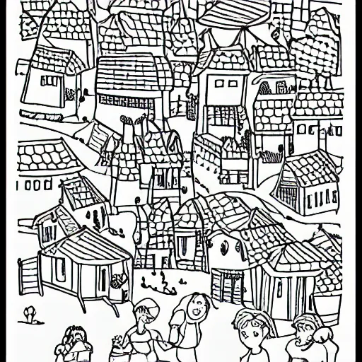 Image similar to an adult coloring book page of a fantasy village