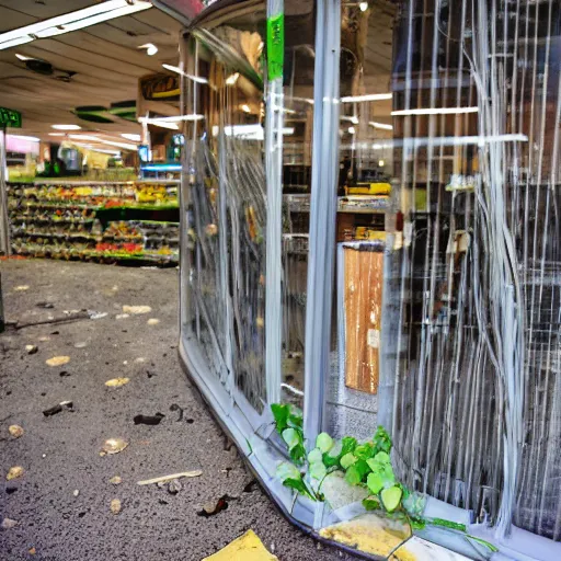 Image similar to a ransacked grocery store, broken signs, filthy flooring. Vines growing. Award-winning photo. OM system 12–40mm PRO II 40mm, 1/100 sec, f/2 8, ISO 800