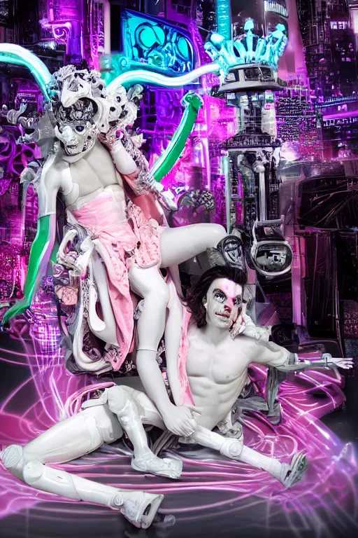 Image similar to full-body rococo and cyberpunk style neon statue of a muscular attractive Harry Styles macho dotado e rico android sim roupa reclining con las piernas abertas e la piroca dura, glowing white laser eyes, prince crown of pink gears, diamonds, swirling silver-colored silk fabric. futuristic elements. full-length view. space robots. human skulls. intricate artwork by caravaggio. Trending on artstation, octane render, cinematic lighting from the right, hyper realism, octane render, 8k, depth of field, 3D