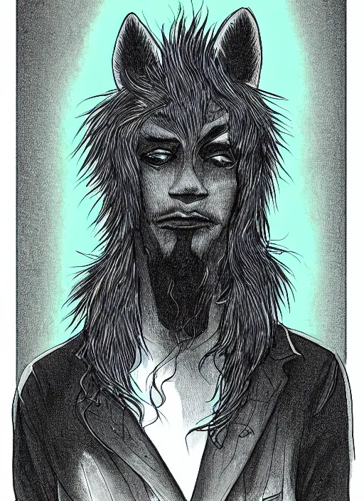 Image similar to a beautiful portrait commission of a gloomy male furry anthro flating in a dark somber void, detailed, inked, minty atmosphere