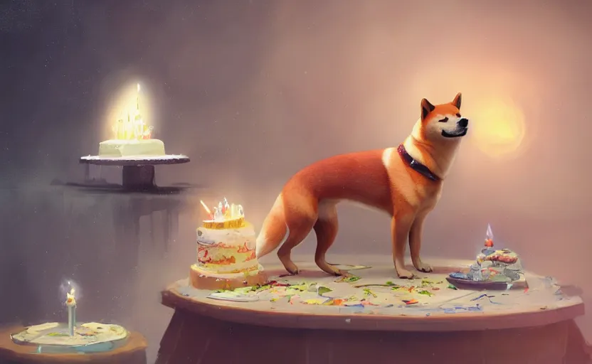 Image similar to a painting of a shiba and a birthday cake trending on artstation in the style of greg rutkowski