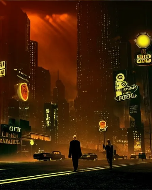 Image similar to hyper-realistic scene from sin city 2, dark city streets with cars and people in the distance, glowing lights, low key, 8k, trending on twitter