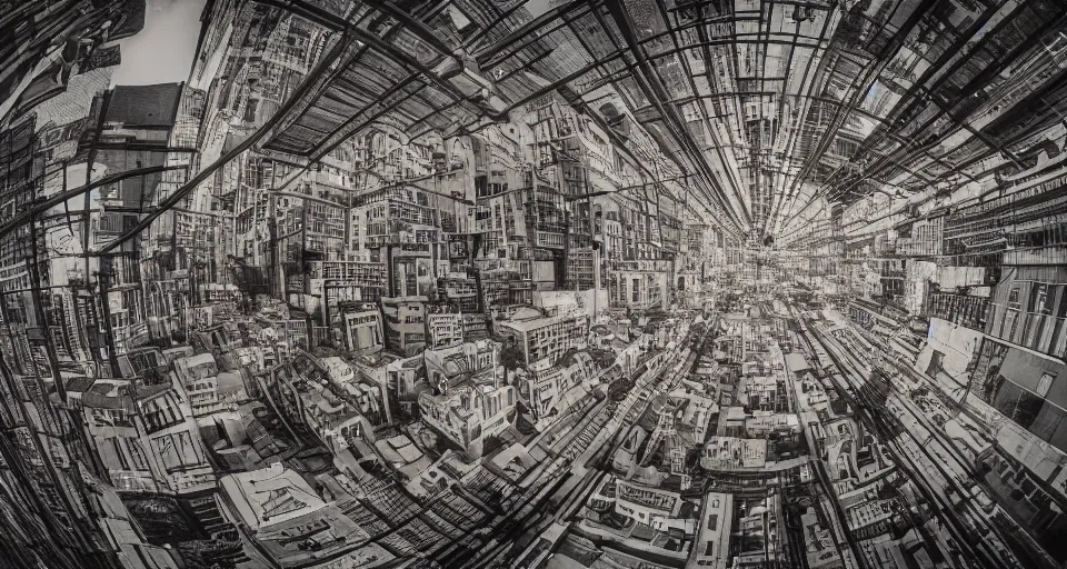 Image similar to City of cardboard viewed from the streets, fisheye photo