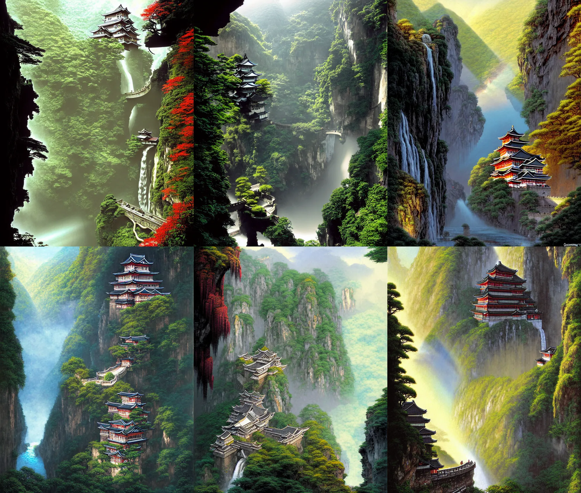 Prompt: establishing wide shot inside han son doong with waterfalls on either side of the cliff walls, at the top of the cliff is a japanese castle, a cloister is built into the cliff walls, an old suspension bridge spans the walls, sunny morning light, sunbeam, saturated colors, detailed digital concept art by gerald brom and james gurney