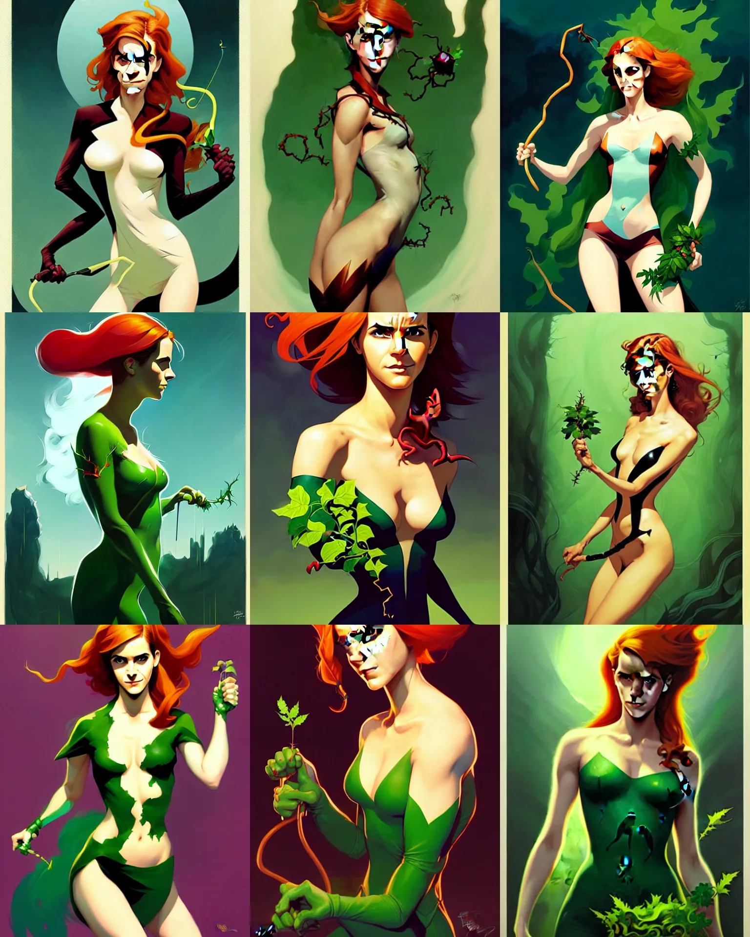 Prompt: peter mohrbacher, phil noto comicbook cover art, emma watson as poison ivy