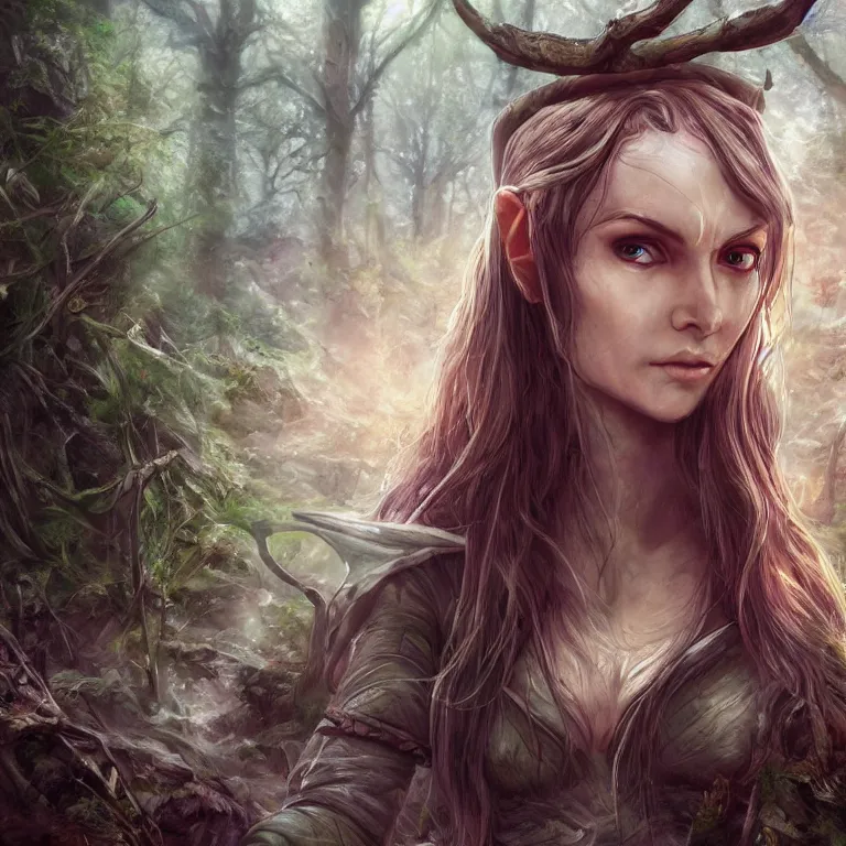 Prompt: the righteous female elf in the woods, stream, clouds, grass, lord of the rings style, fantasy, poster, character portrait, portrait, close up, concept art, intricate details, highly detailed, full body, 8 k, detailed face, body