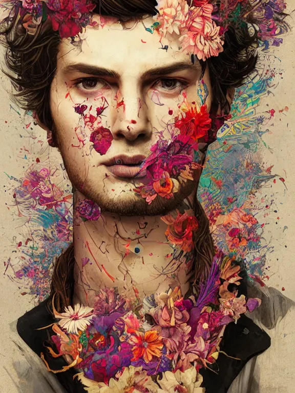 Image similar to art portrait of man with flower in head,by tristan eaton,Stanley Artgermm,Tom Bagshaw,Greg Rutkowski,Carne Griffiths,trending on DeviantArt,face enhance,chillwave,minimalist,ghost in the shell,decay,full of colour,