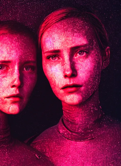 Image similar to cinestill 5 0 d photographic portrait of two loving female androids wearing rugged black techwear on a desolate plain with a red topographic holographic sky, extreme closeup, cyberpunk style, dust storm, 8 k, hd, high resolution, 3 5 mm, f / 3 2, ultra realistic faces, ex machina